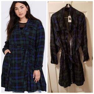 Torrid blue & green plaid trenchcoat NWT